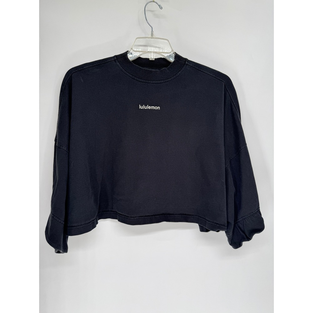 lululemon All Yours Cropped Crew Women L Black Good 100% Cotton Boxy Sweatshirt